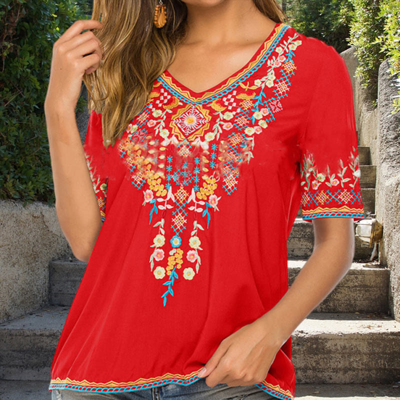Nimara Ritual Embroidery Flower Design Short Sleeve V-neck Women's T-Shirt