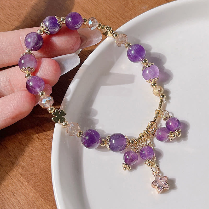 Nimara Ritual Natural Amethyst Four Leaf Clover Star Peace Bracelet
