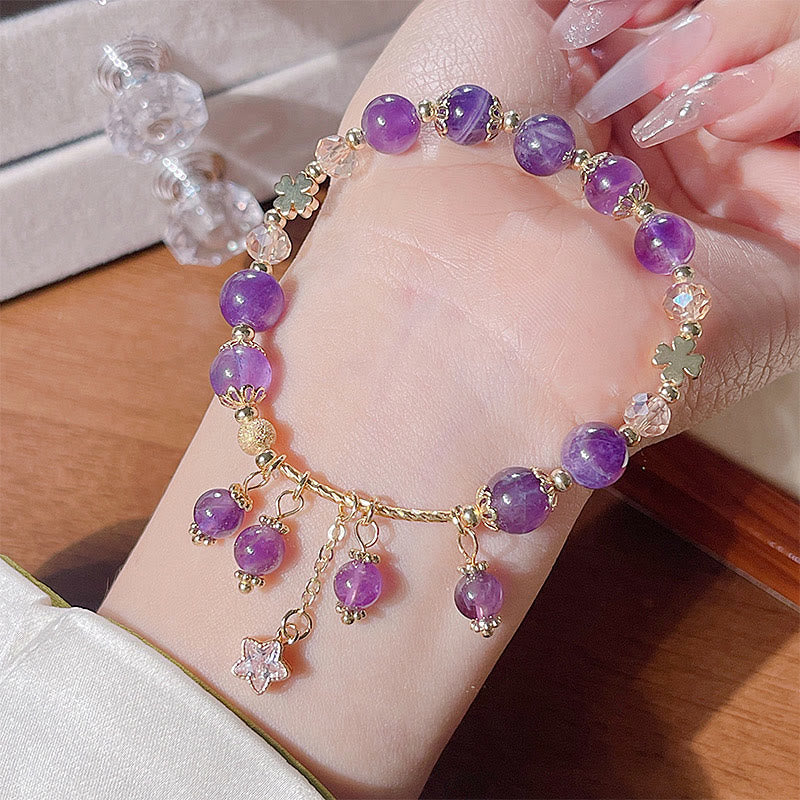 Nimara Ritual Natural Amethyst Four Leaf Clover Star Peace Bracelet
