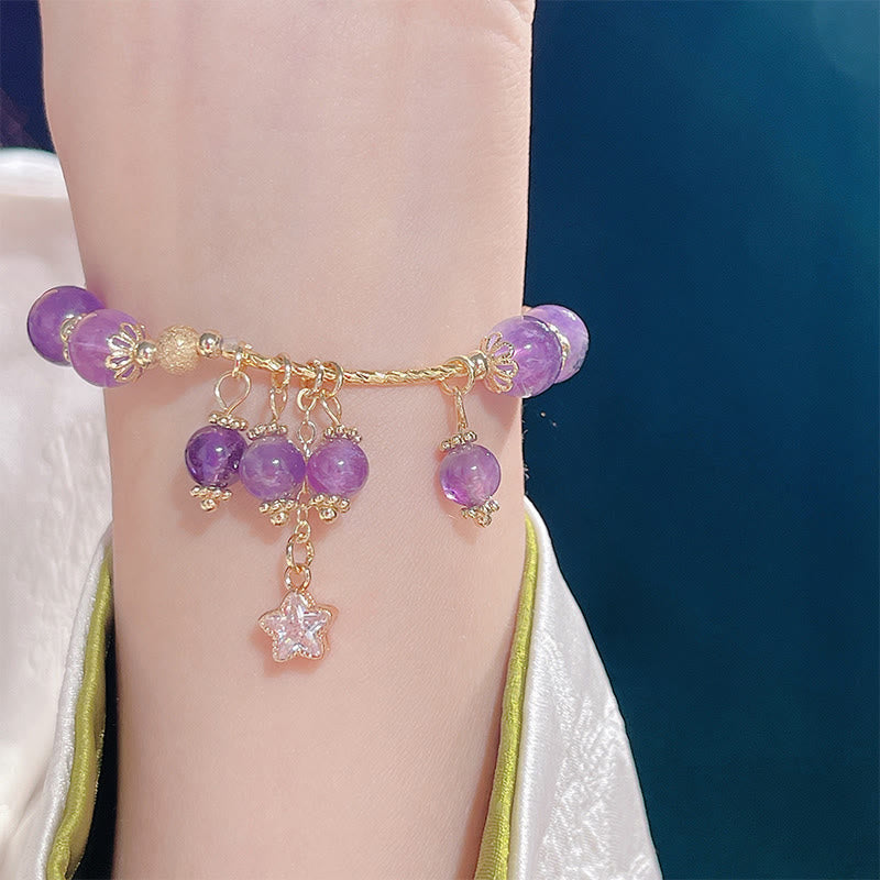 Nimara Ritual Natural Amethyst Four Leaf Clover Star Peace Bracelet