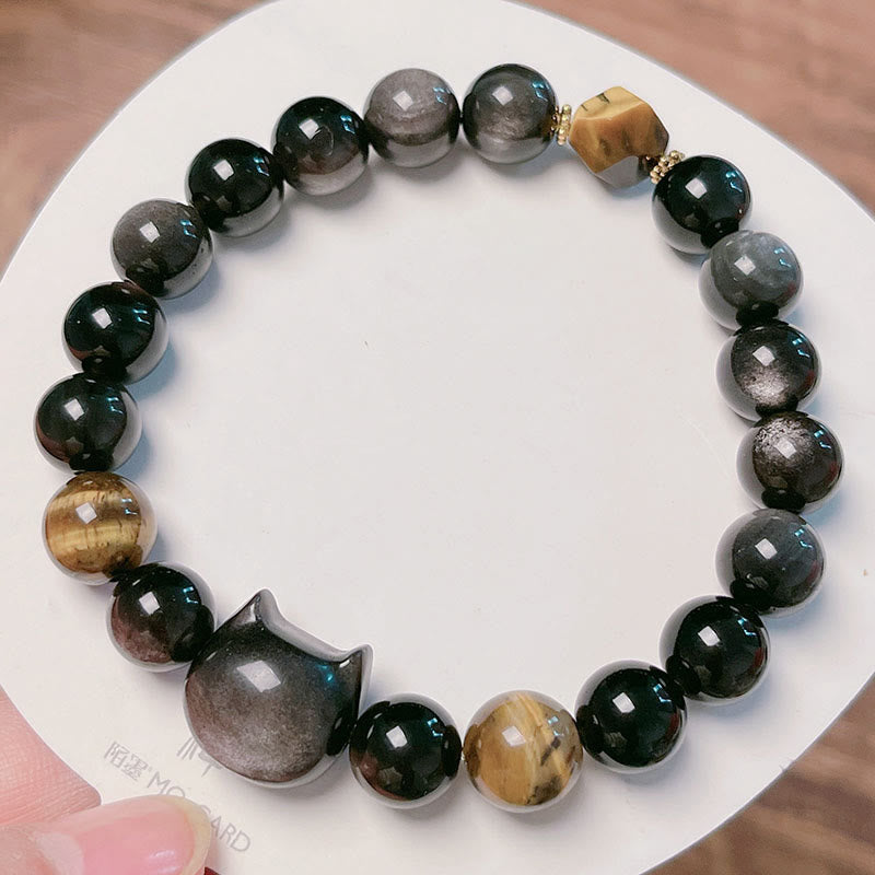 Nimara Ritual Natural Silver Sheen Obsidian Beads Cute Cat Soothing Bracelet