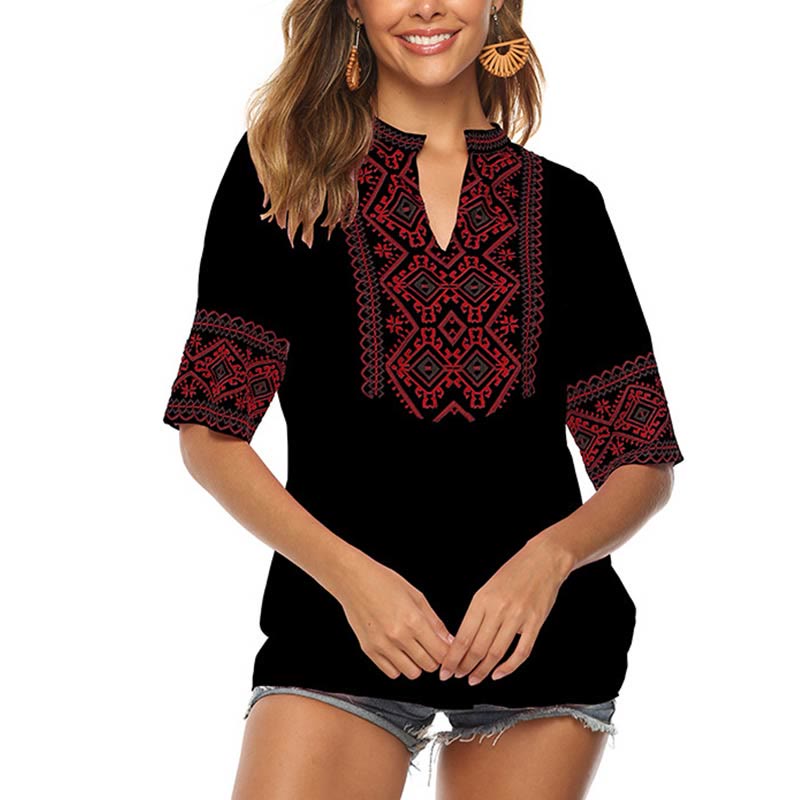 Nimara Ritual Summer Boho Embroidery Floral Pattern Half Sleeve V-neck Cotton Women's T-Shirt
