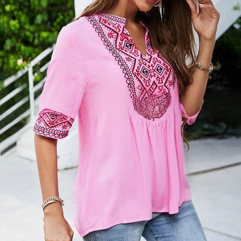 Nimara Ritual Summer Boho Embroidery Floral Pattern Half Sleeve V-neck Cotton Women's T-Shirt