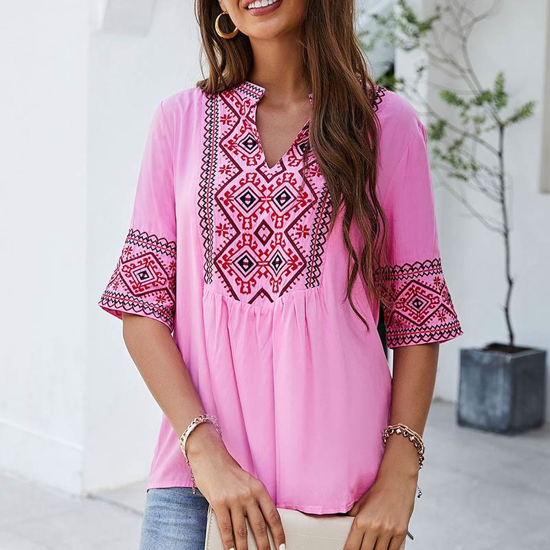 Nimara Ritual Summer Boho Embroidery Floral Pattern Half Sleeve V-neck Cotton Women's T-Shirt