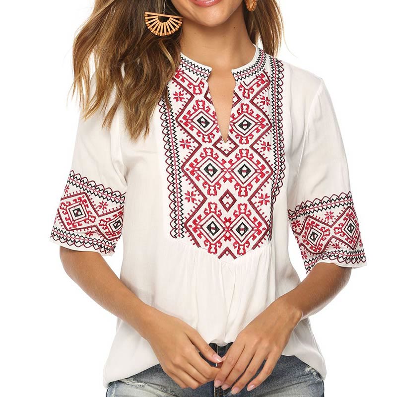Nimara Ritual Summer Boho Embroidery Floral Pattern Half Sleeve V-neck Cotton Women's T-Shirt