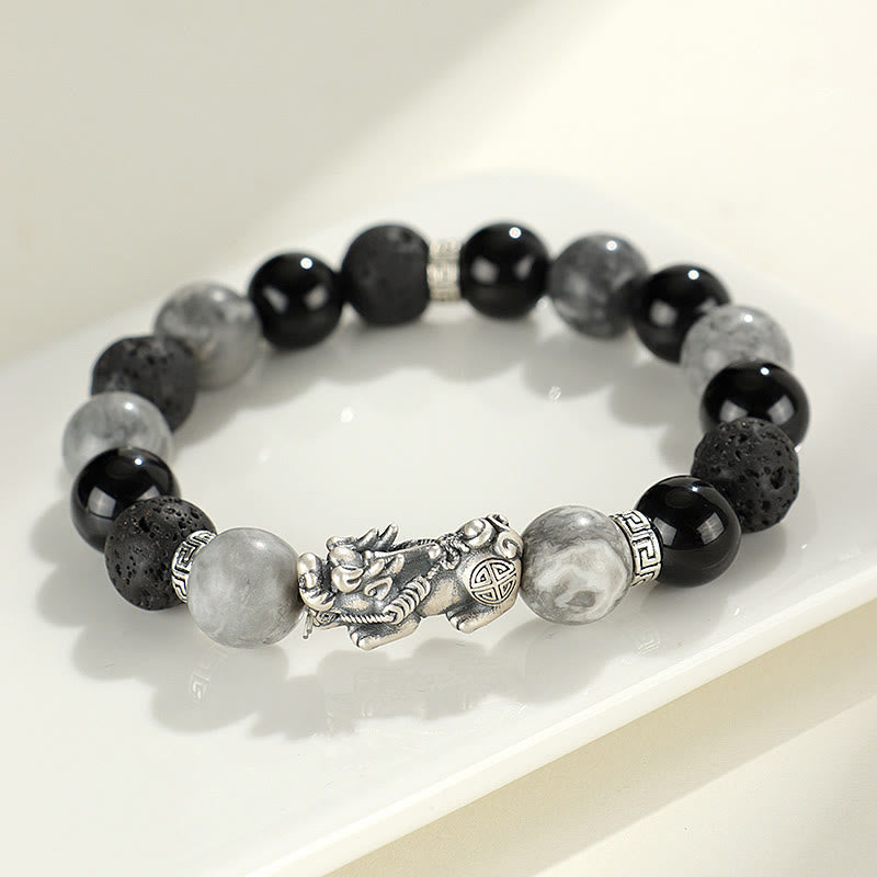 Nimara Ritual 999 Sterling Silver PiXiu Black Onyx Grey Jasper Lava Rock Protection Bracelet