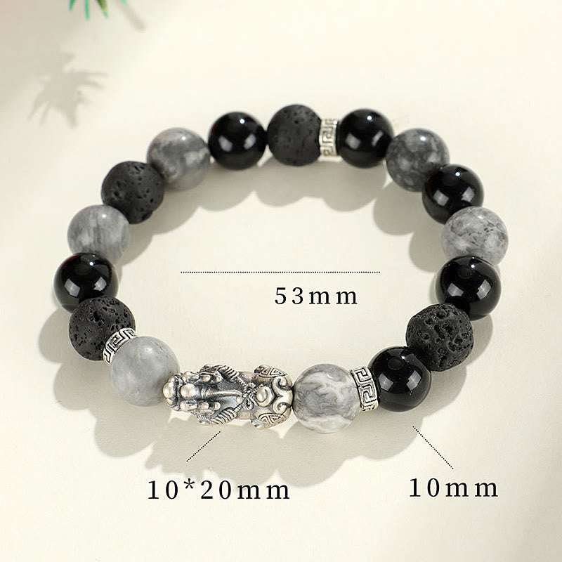Nimara Ritual 999 Sterling Silver PiXiu Black Onyx Grey Jasper Lava Rock Protection Bracelet
