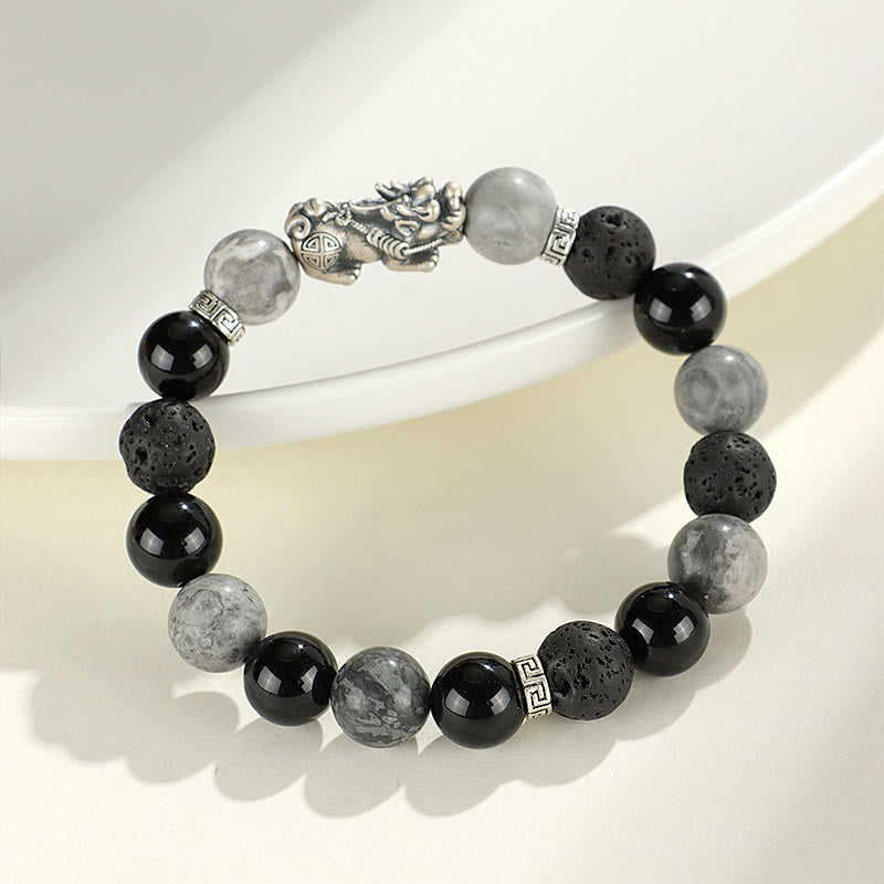 Nimara Ritual 999 Sterling Silver PiXiu Black Onyx Grey Jasper Lava Rock Protection Bracelet