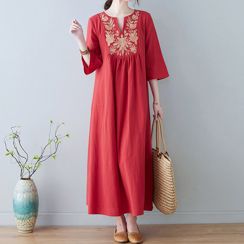 Nimara Ritual Casual Bohemia Embroidery Floral Simple Design Three Quarter Sleeve V-Neck Cotton Linen Maxi Dress