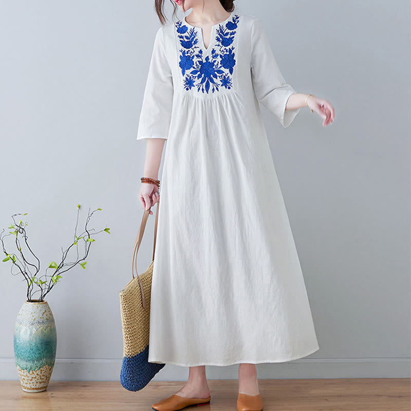Nimara Ritual Casual Bohemia Embroidery Floral Simple Design Three Quarter Sleeve V-Neck Cotton Linen Maxi Dress