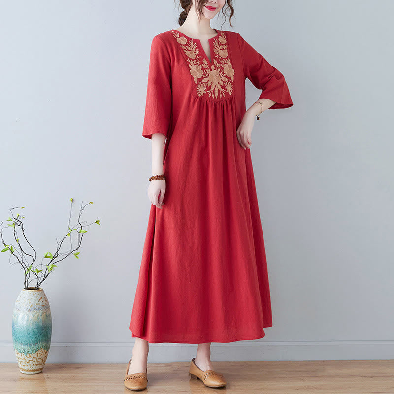 Nimara Ritual Casual Bohemia Embroidery Floral Simple Design Three Quarter Sleeve V-Neck Cotton Linen Maxi Dress