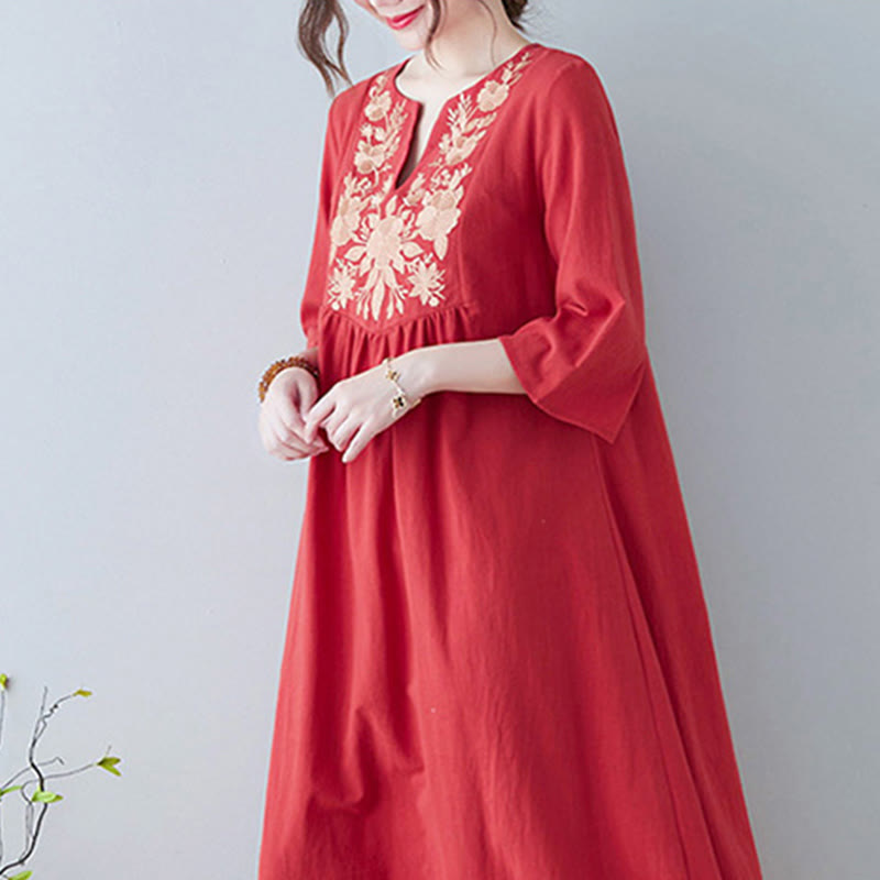 Nimara Ritual Casual Bohemia Embroidery Floral Simple Design Three Quarter Sleeve V-Neck Cotton Linen Maxi Dress