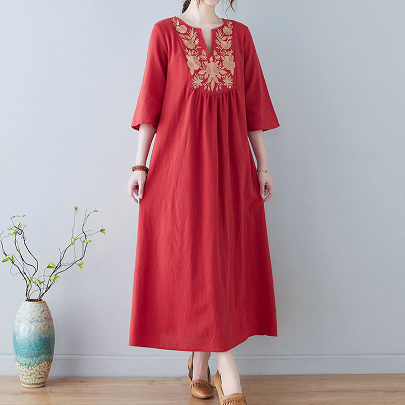 Nimara Ritual Casual Bohemia Embroidery Floral Simple Design Three Quarter Sleeve V-Neck Cotton Linen Maxi Dress