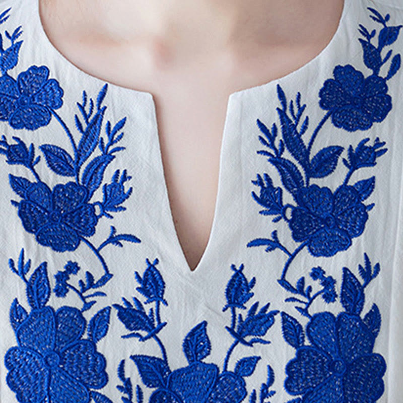 Nimara Ritual Casual Bohemia Embroidery Floral Simple Design Three Quarter Sleeve V-Neck Cotton Linen Maxi Dress