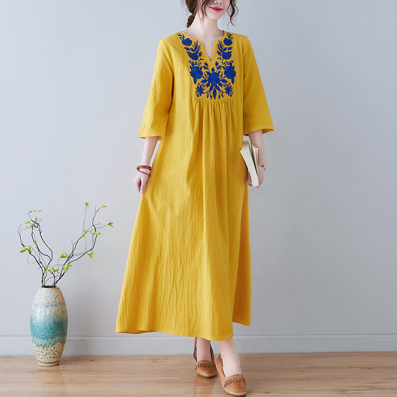 Nimara Ritual Casual Bohemia Embroidery Floral Simple Design Three Quarter Sleeve V-Neck Cotton Linen Maxi Dress