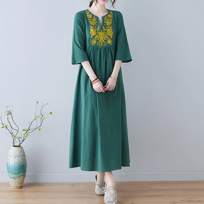 Nimara Ritual Casual Bohemia Embroidery Floral Simple Design Three Quarter Sleeve V-Neck Cotton Linen Maxi Dress