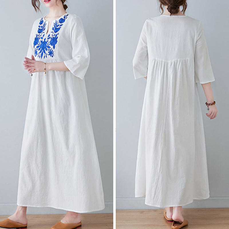 Nimara Ritual Casual Bohemia Embroidery Floral Simple Design Three Quarter Sleeve V-Neck Cotton Linen Maxi Dress
