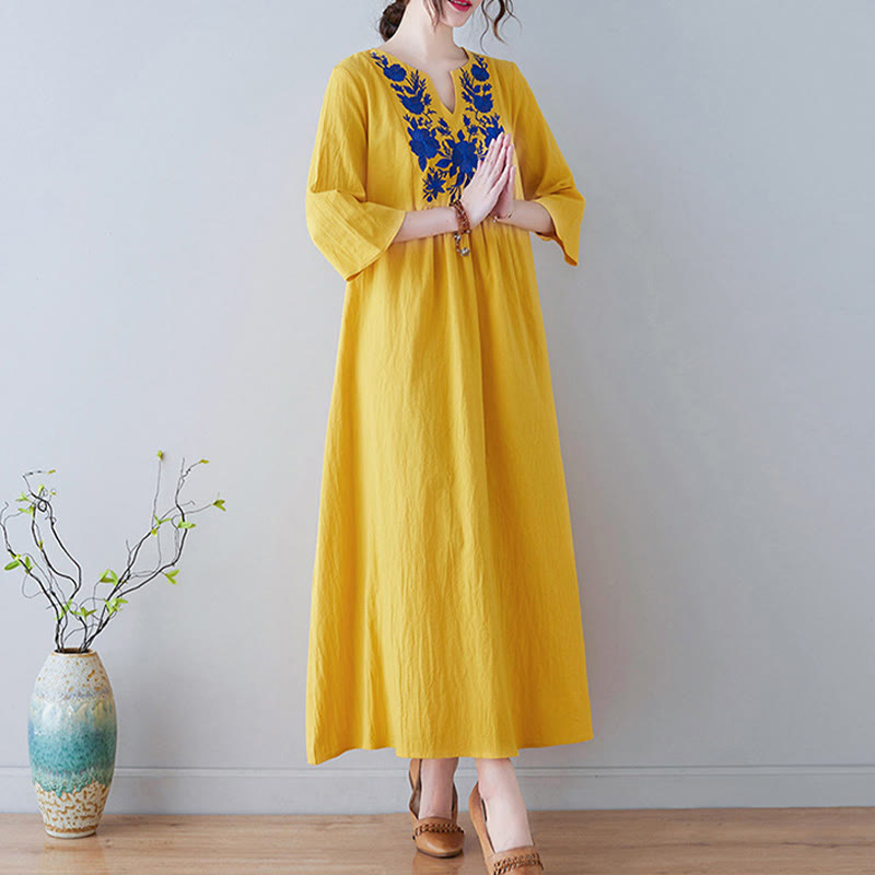 Nimara Ritual Casual Bohemia Embroidery Floral Simple Design Three Quarter Sleeve V-Neck Cotton Linen Maxi Dress