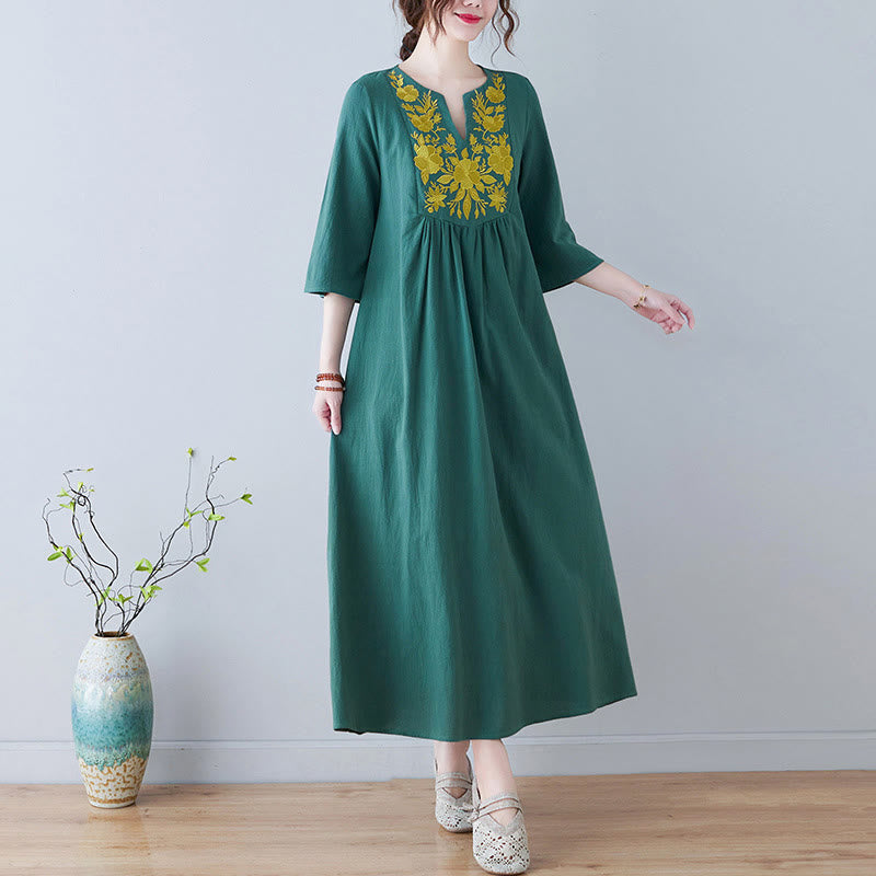 Nimara Ritual Casual Bohemia Embroidery Floral Simple Design Three Quarter Sleeve V-Neck Cotton Linen Maxi Dress