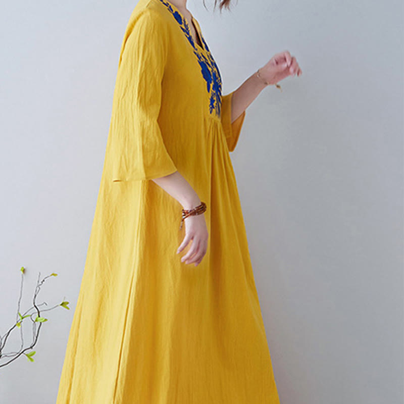 Nimara Ritual Casual Bohemia Embroidery Floral Simple Design Three Quarter Sleeve V-Neck Cotton Linen Maxi Dress