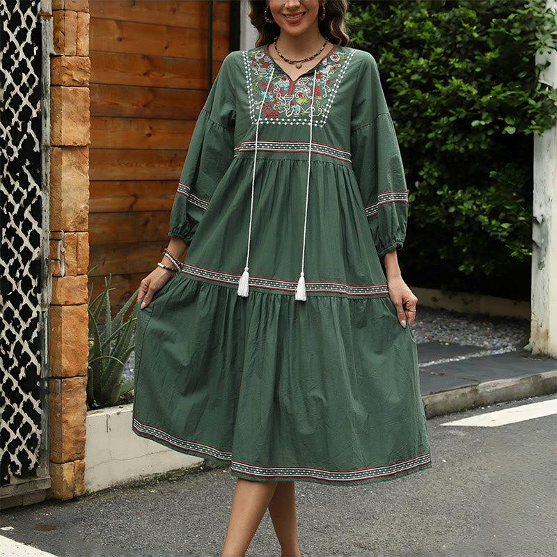 Nimara Ritual DarkGreen Retro Ethnic Embroidery Long Lantern Sleeve Linen Cotton Midi Dress