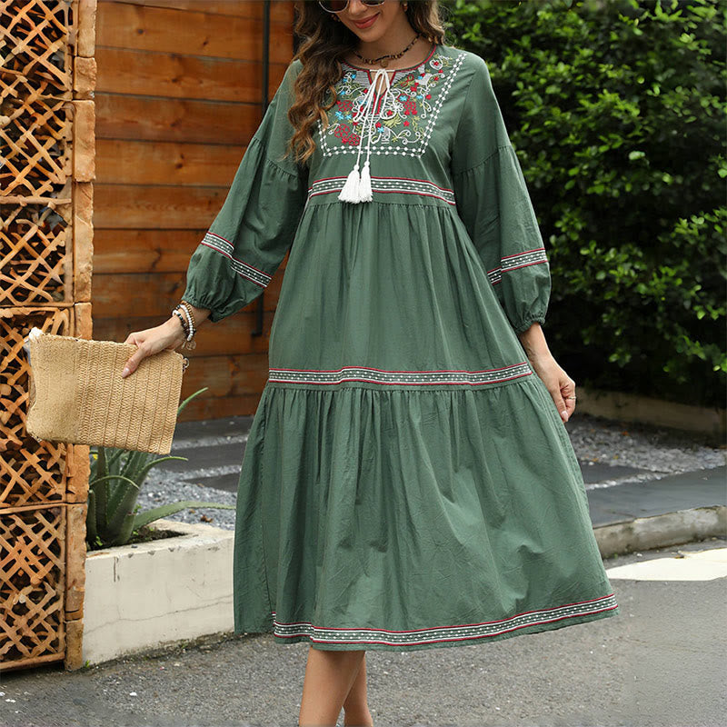 Nimara Ritual DarkGreen Retro Ethnic Embroidery Long Lantern Sleeve Linen Cotton Midi Dress