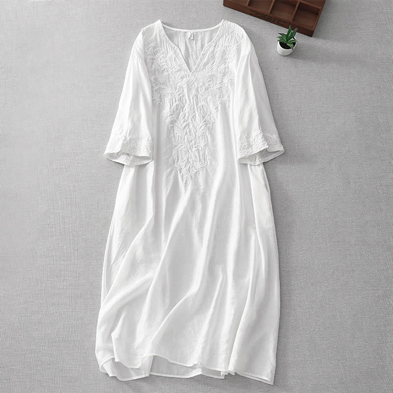 Nimara Ritual Summer White Pure Color Embroidery Leaf Flower V-Neck Short Sleeve Midi Dress With Pockets