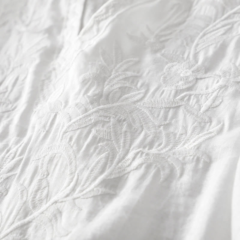 Nimara Ritual Summer White Pure Color Embroidery Leaf Flower V-Neck Short Sleeve Midi Dress With Pockets