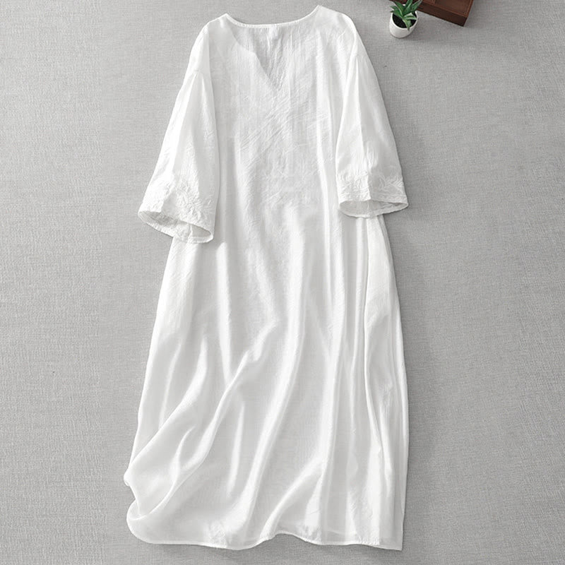 Nimara Ritual Summer White Pure Color Embroidery Leaf Flower V-Neck Short Sleeve Midi Dress With Pockets