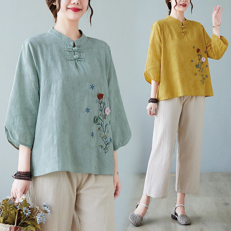 Nimara Ritual Vintage Summer Stereoscopic Flower Embroidery Three Quarter Sleeve Frog-Button Cotton Linen Women's Shirt