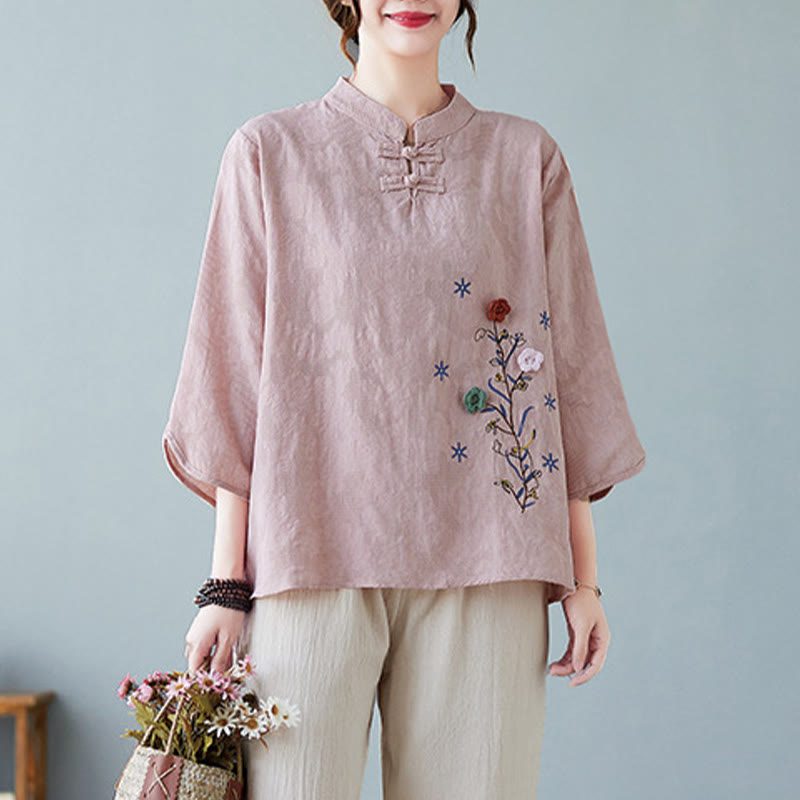 Nimara Ritual Vintage Summer Stereoscopic Flower Embroidery Three Quarter Sleeve Frog-Button Cotton Linen Women's Shirt