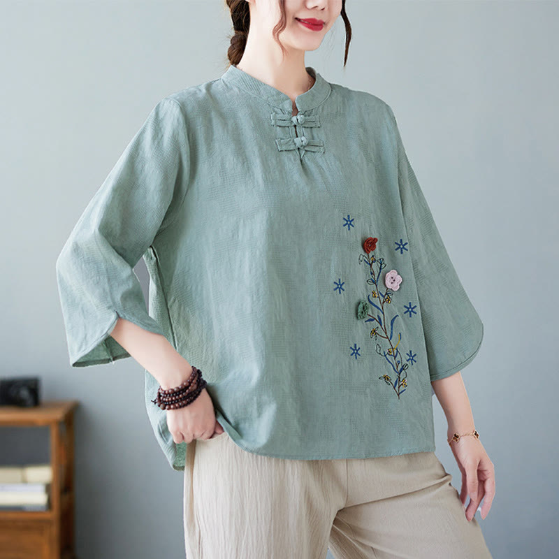Nimara Ritual Vintage Summer Stereoscopic Flower Embroidery Three Quarter Sleeve Frog-Button Cotton Linen Women's Shirt