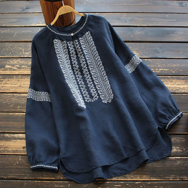 Nimara Ritual Ethnic Embroidery Bohemian Pattern Long Sleeve Crew Neck Women's Shirt