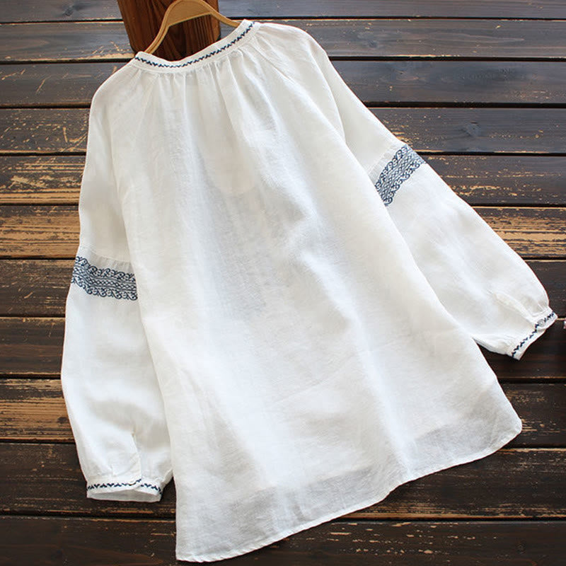 Nimara Ritual Ethnic Embroidery Bohemian Pattern Long Sleeve Crew Neck Women's Shirt