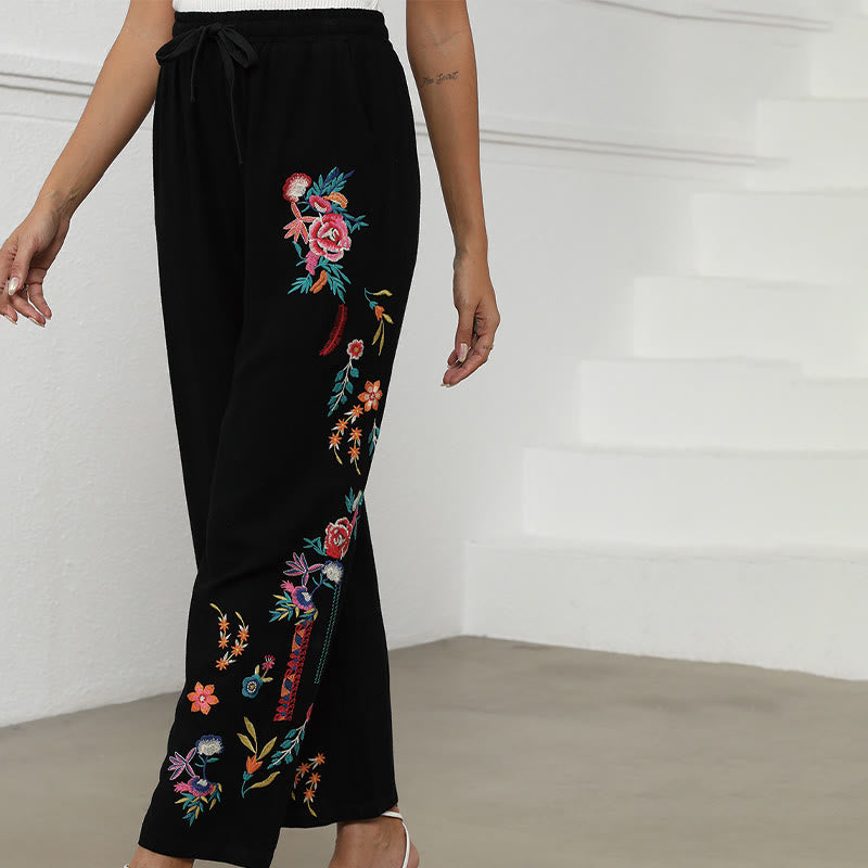 Nimara Ritual Black Summer Plain Ethnic Embroidery Cotton Linen Drawstring Women's Pants With Pockets