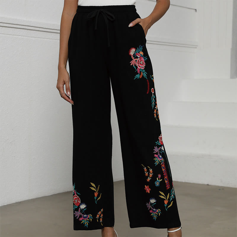 Nimara Ritual Black Summer Plain Ethnic Embroidery Cotton Linen Drawstring Women's Pants With Pockets