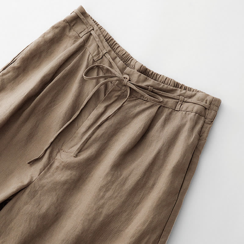 Nimara Ritual Summer Plain Color Ankle-Length Drawstring Cotton Linen Women's Wide Leg Pants With Pockets Zipper