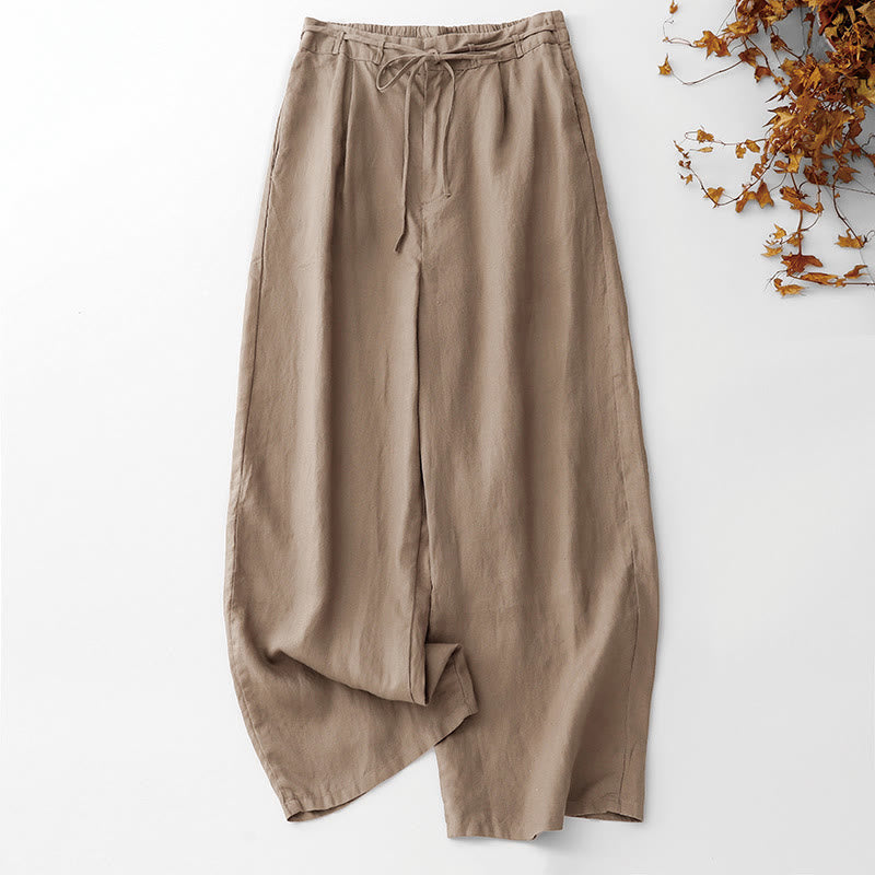 Nimara Ritual Summer Plain Color Ankle-Length Drawstring Cotton Linen Women's Wide Leg Pants With Pockets Zipper