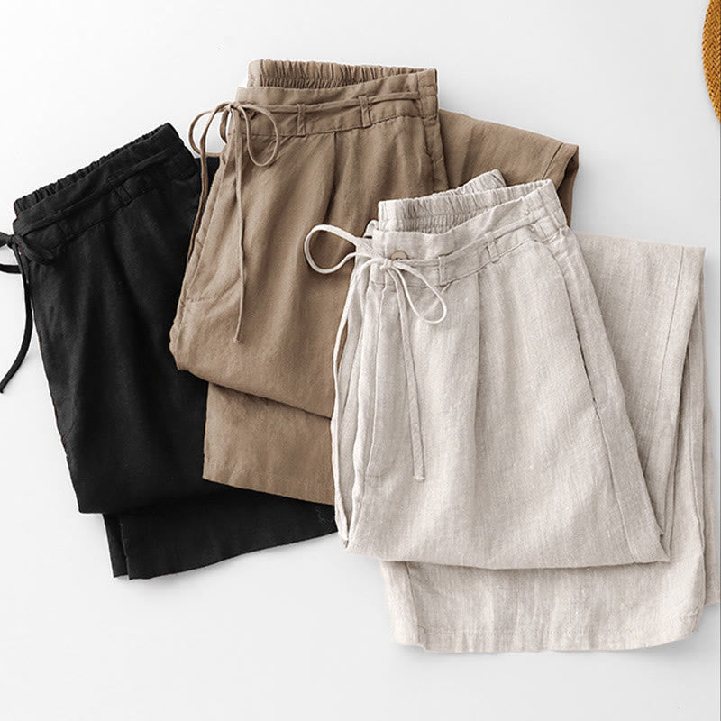 Nimara Ritual Summer Plain Color Ankle-Length Drawstring Cotton Linen Women's Wide Leg Pants With Pockets Zipper