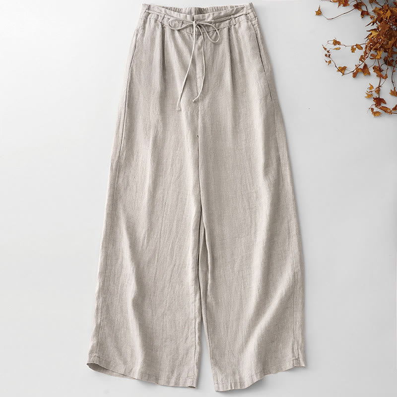 Nimara Ritual Summer Plain Color Ankle-Length Drawstring Cotton Linen Women's Wide Leg Pants With Pockets Zipper