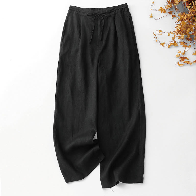 Nimara Ritual Summer Plain Color Ankle-Length Drawstring Cotton Linen Women's Wide Leg Pants With Pockets Zipper