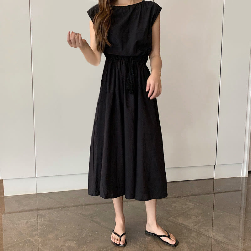 Nimara Ritual Casual Eastic Waist Drawstring Design Short Sleeve Midi Dress