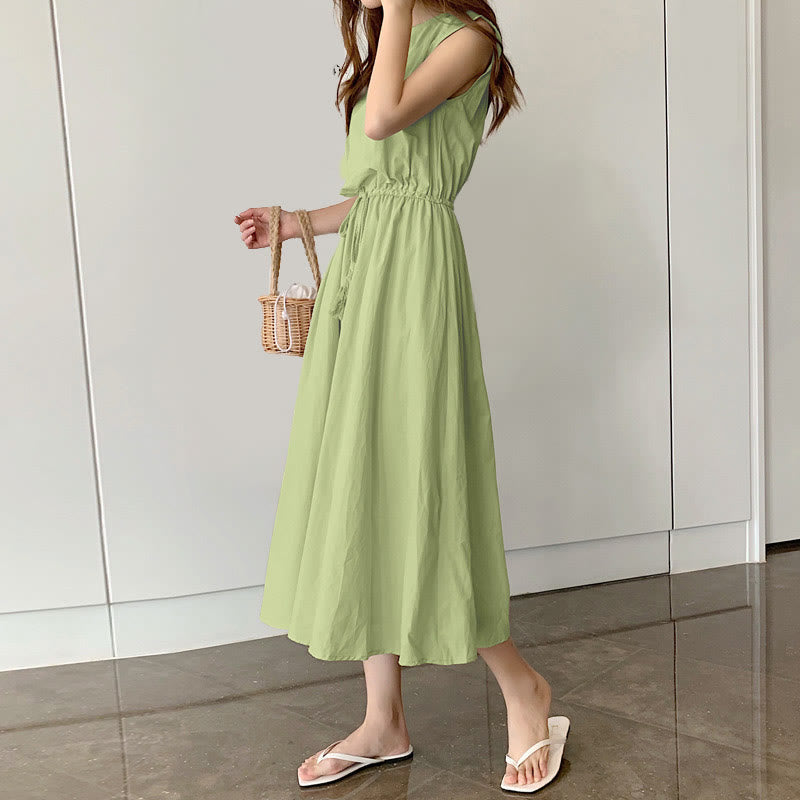 Nimara Ritual Casual Eastic Waist Drawstring Design Short Sleeve Midi Dress