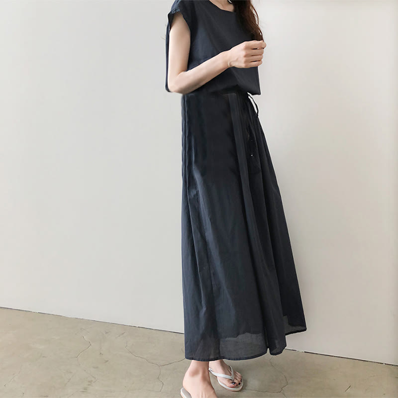 Nimara Ritual Casual Eastic Waist Drawstring Design Short Sleeve Midi Dress