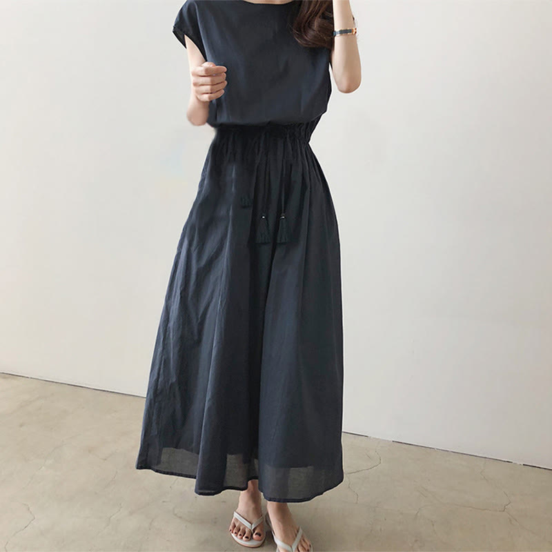 Nimara Ritual Casual Eastic Waist Drawstring Design Short Sleeve Midi Dress