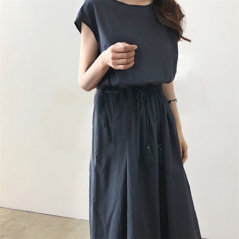 Nimara Ritual Casual Eastic Waist Drawstring Design Short Sleeve Midi Dress