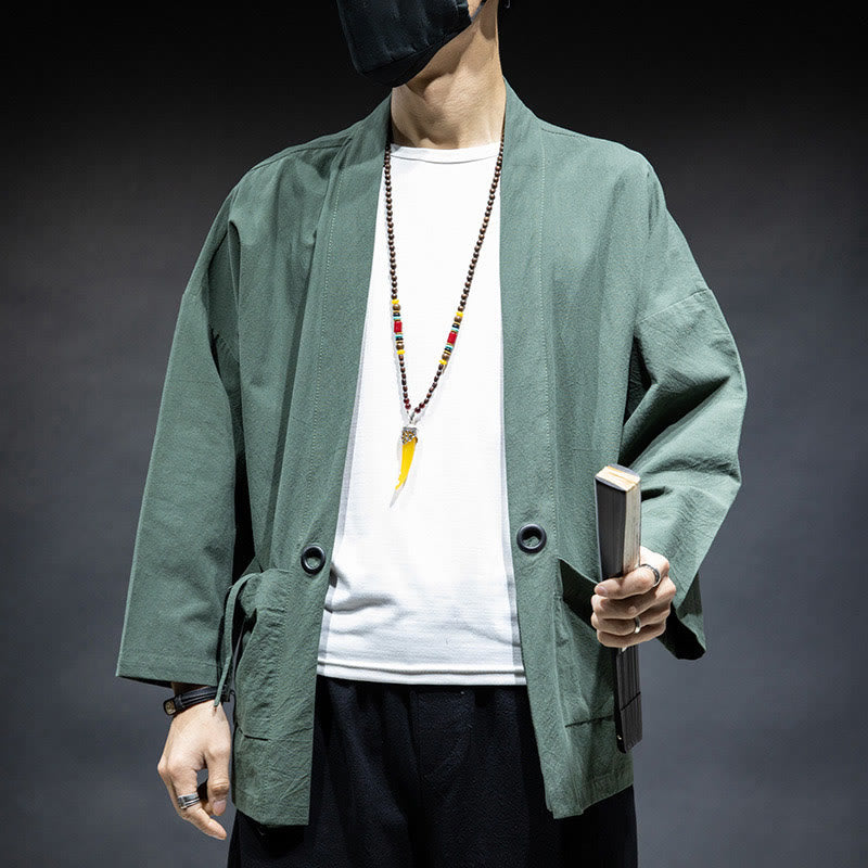 Nimara Ritual Solid Color Lace-up Open Front Jacket Cotton Men's Kimono