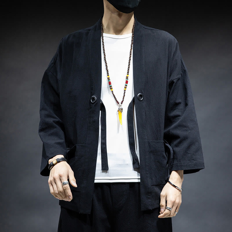 Nimara Ritual Solid Color Lace-up Open Front Jacket Cotton Men's Kimono