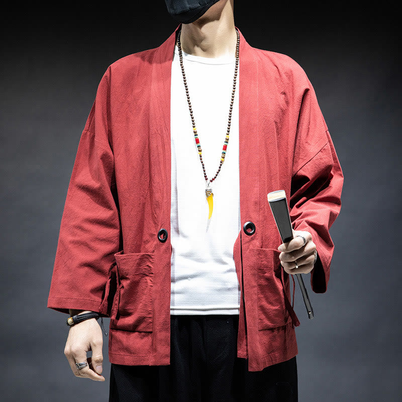 Nimara Ritual Solid Color Lace-up Open Front Jacket Cotton Men's Kimono