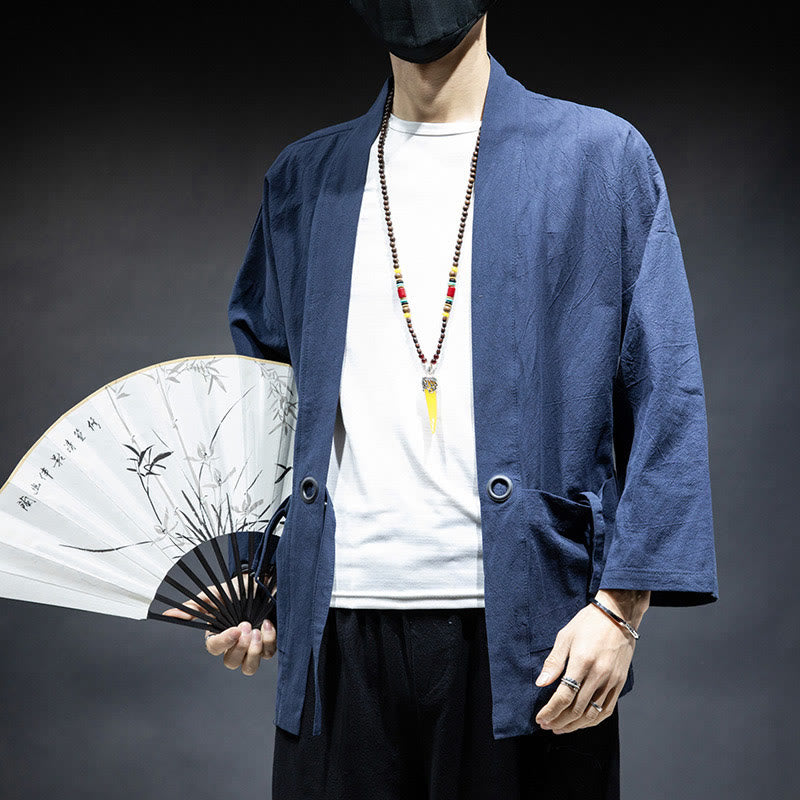 Nimara Ritual Solid Color Lace-up Open Front Jacket Cotton Men's Kimono